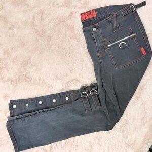 Tripp NYC Strap Cargo Pants Black Red Stitch Goth Rave Womens 14 Y2K